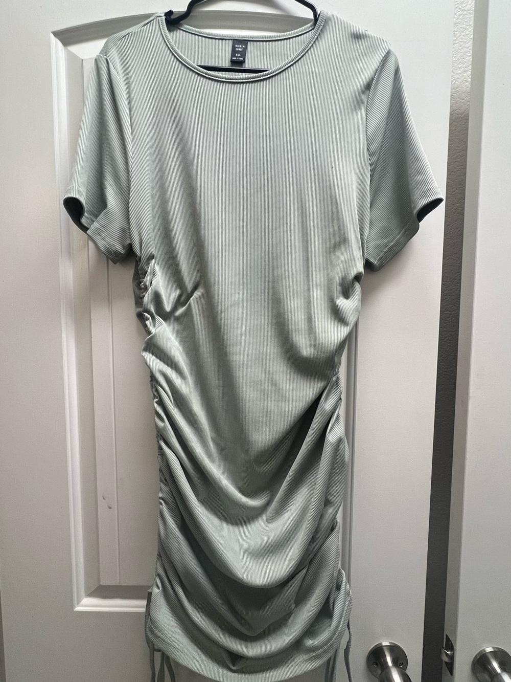 Ribbed Side-Ruched T-Shirt Dress in Sage Green